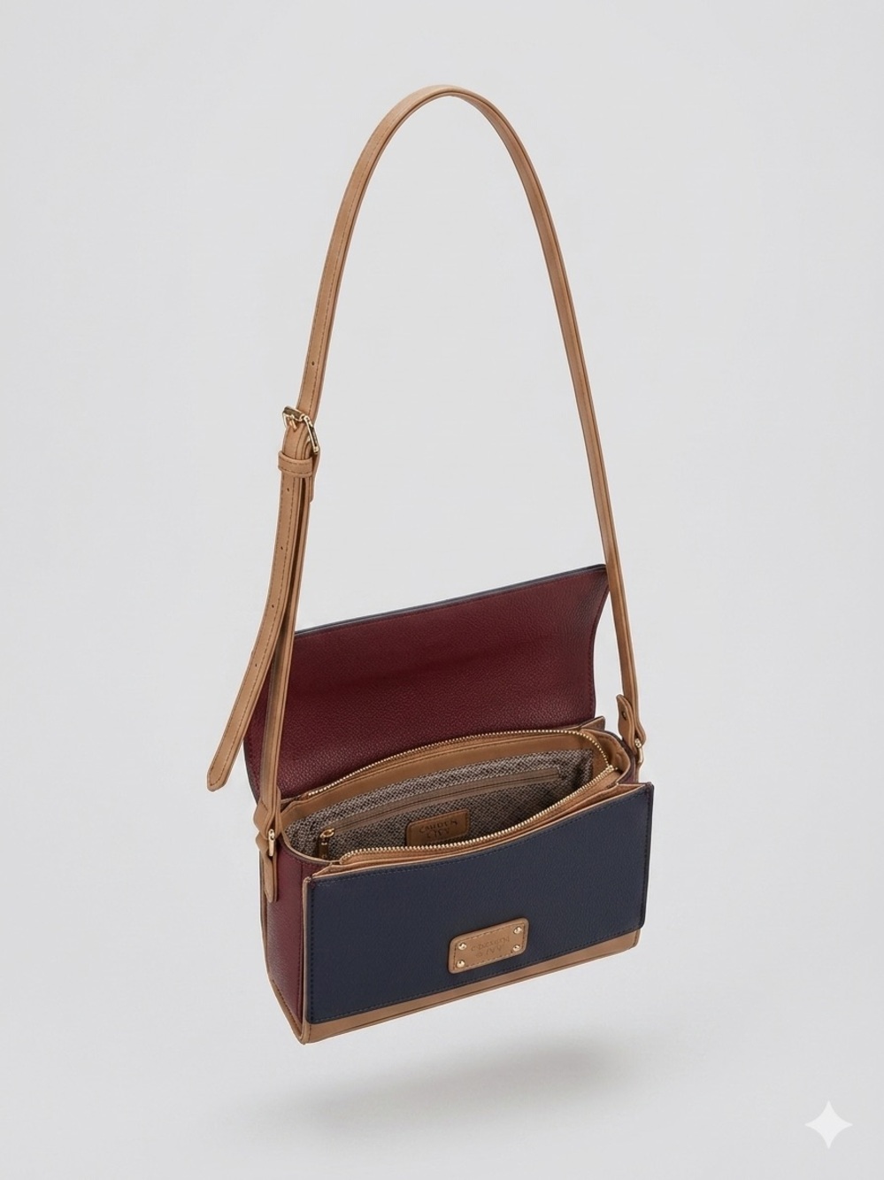Crown & Ivy Colorblock Crossbody Purse Burgundy Navy Tan Gold Hardware